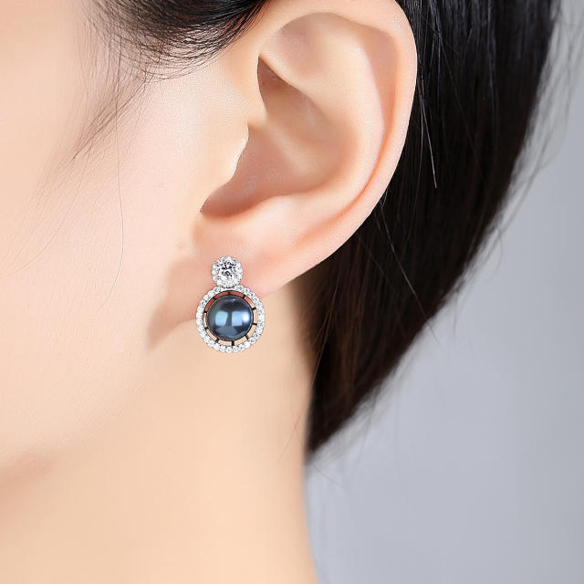 Sterling silver cubic zircon black pearl studs earrings