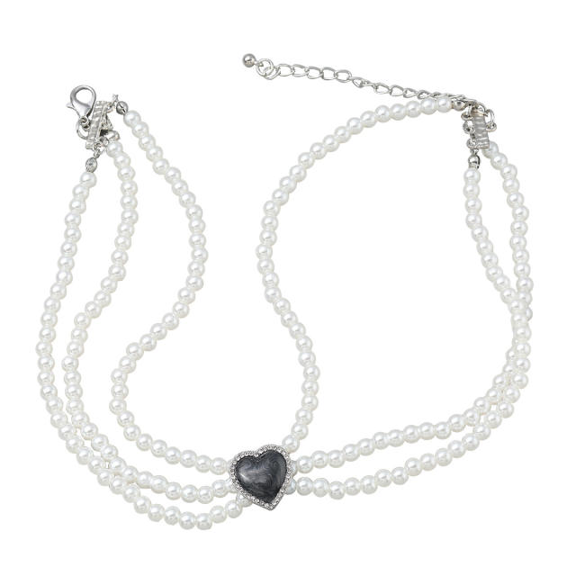 Hiphop faux pearl enamel heart choker necklace