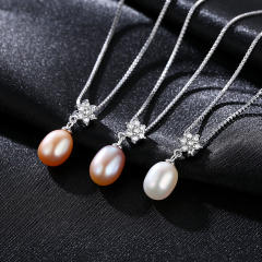 Sterling silver AAA cubic zircon flower real pearl necklace