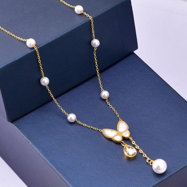 Korean fashion shell butterfly pearl bead stainless steel necklace