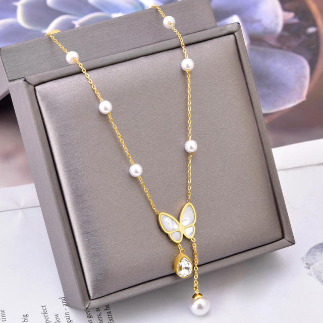 Korean fashion shell butterfly pearl bead stainless steel necklace