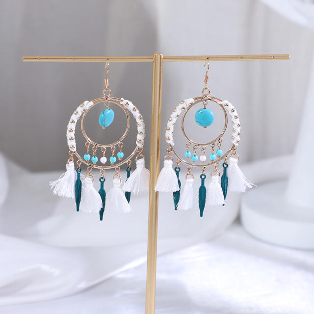 Boho blue color rope tassel circle dangle earrings