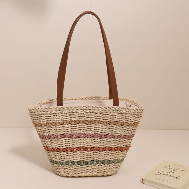 Colorful wave pattern beach bag straw bag