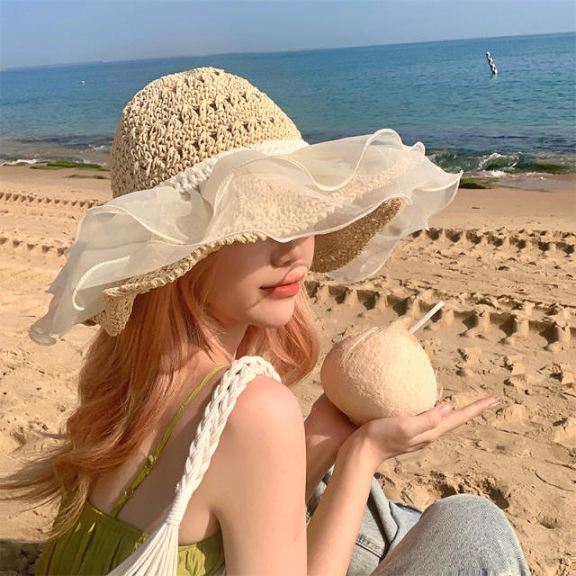 INS trend white lace beach straw hat