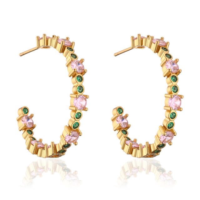 Creative pink cubic zircon gold plated copper hoop earrings