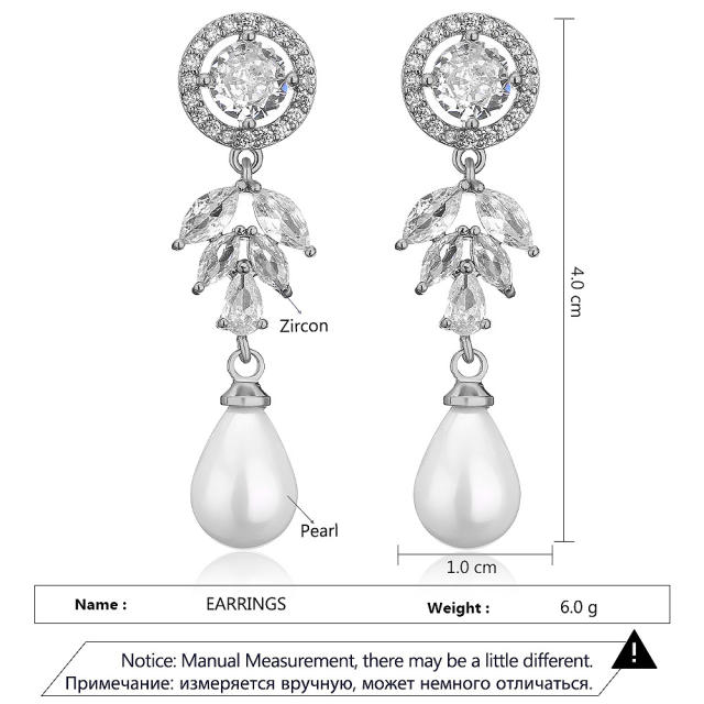 Luxury cubic zircon leaf design pearl drop diamond earrings