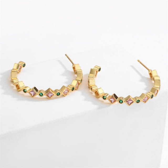 INS color cubic zircon gold plated copper hoop earrings