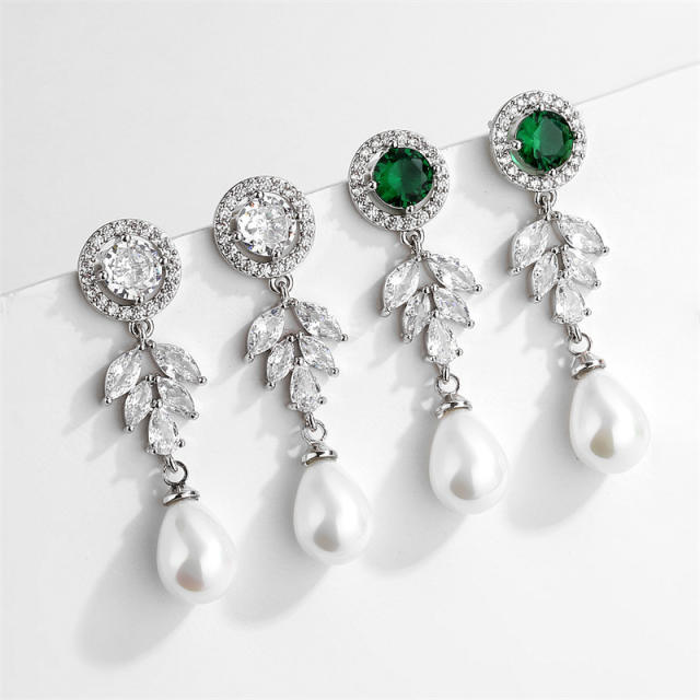Luxury cubic zircon leaf design pearl drop diamond earrings