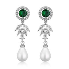 Luxury cubic zircon leaf design pearl drop diamond earrings