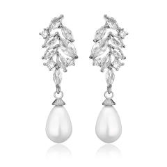 Chic design cubic zircon leaf pearl drop diamond earrings