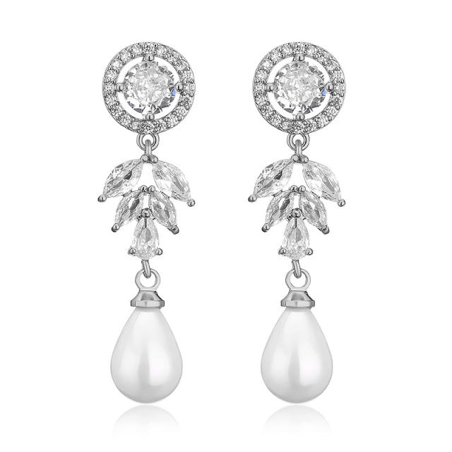 Luxury cubic zircon leaf design pearl drop diamond earrings