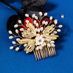 Chinese trend gold color leaf pearl hair combs