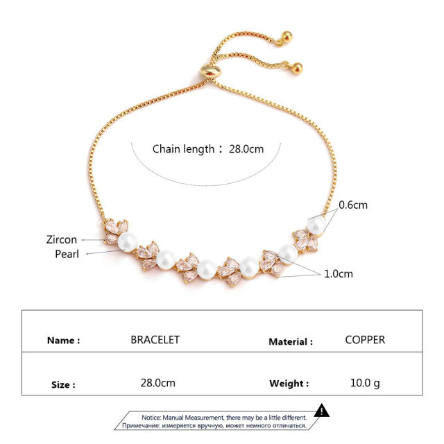 Korean fashion elegant cubic zircon pearl flower copper slide bracelet