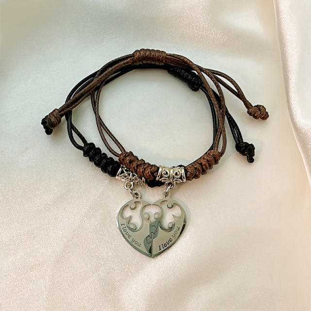 Hot sale wax line heart matching couple bracelet