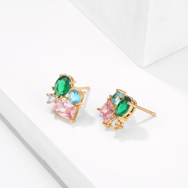 INS trend sweet pink green cubic zircon copper studs earrings