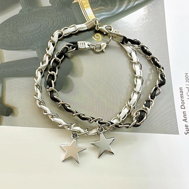 Popular star charm leather alloy braid couple bracelet