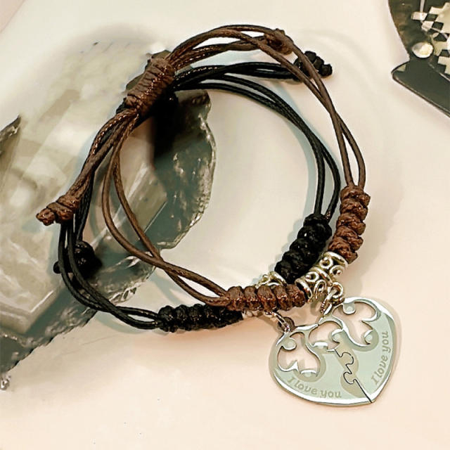 Hot sale wax line heart matching couple bracelet