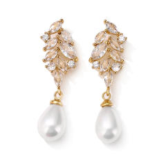 Chic design cubic zircon leaf pearl drop diamond earrings