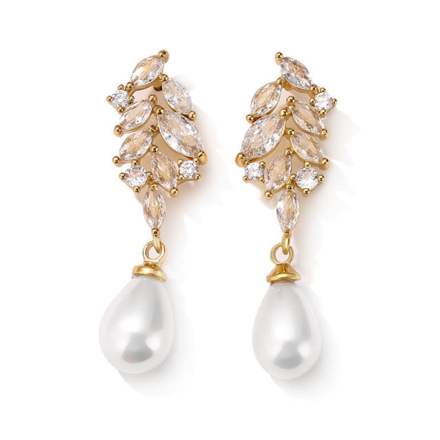 Chic design cubic zircon leaf pearl drop diamond earrings