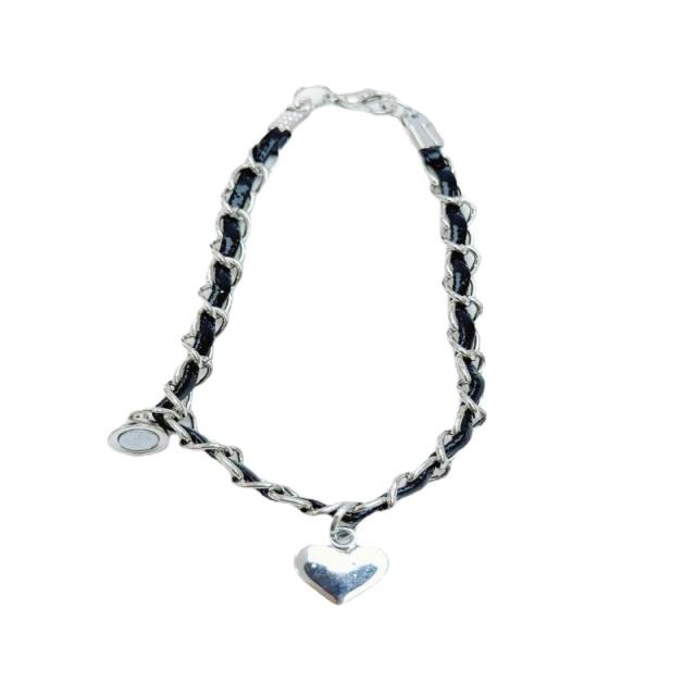Handmade heart charm pu leather alloy chain couple bracelet