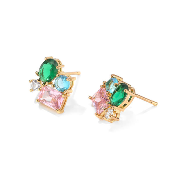INS trend sweet pink green cubic zircon copper studs earrings