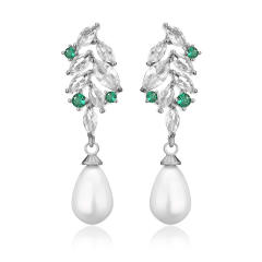 Chic design cubic zircon leaf pearl drop diamond earrings