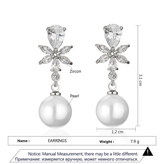 Elegant cubic zircon flower pearl drop copper earrings