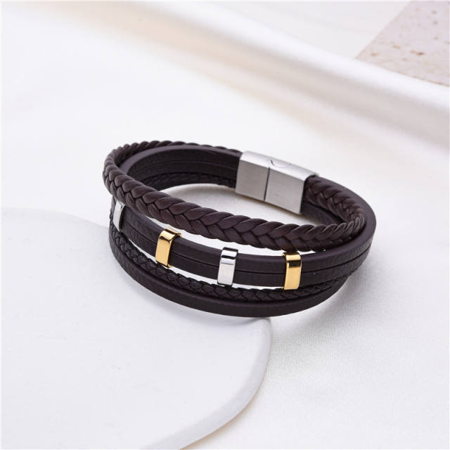Stainless steel bead pu leather bracelet for men