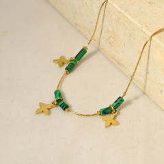 14K real gold plated clover charm malachite stainless steel bracelet