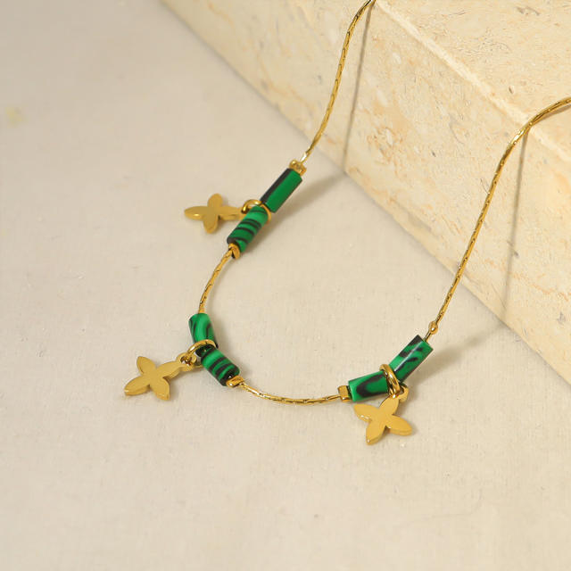 14K real gold plated clover charm malachite stainless steel bracelet