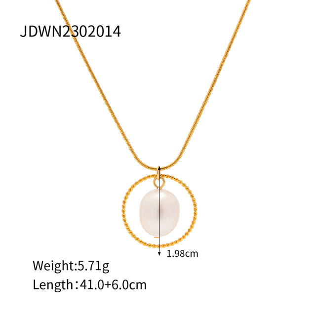 18K plated one pearl circle pendant stainless steel necklace