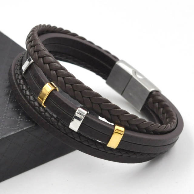 Stainless steel bead pu leather bracelet for men