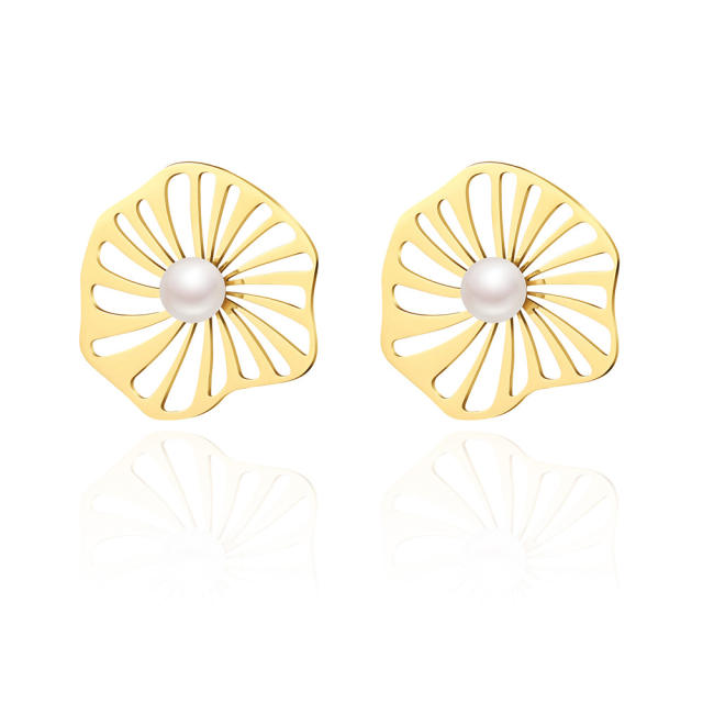 18K gold plated hollow lotus pearl stainless steel earrings