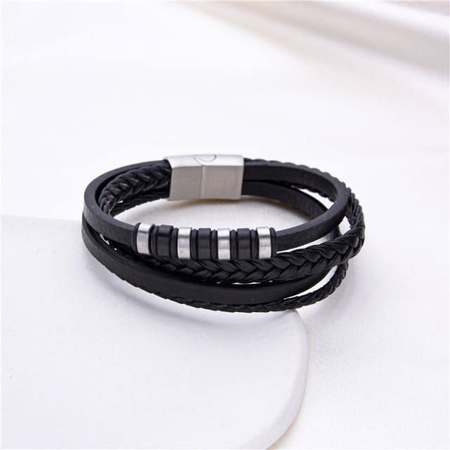 Hot sale stainless steel bead leather bracelet for men