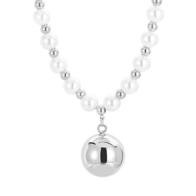 Chunky stainless steel ball pearl bead elastic necklace
