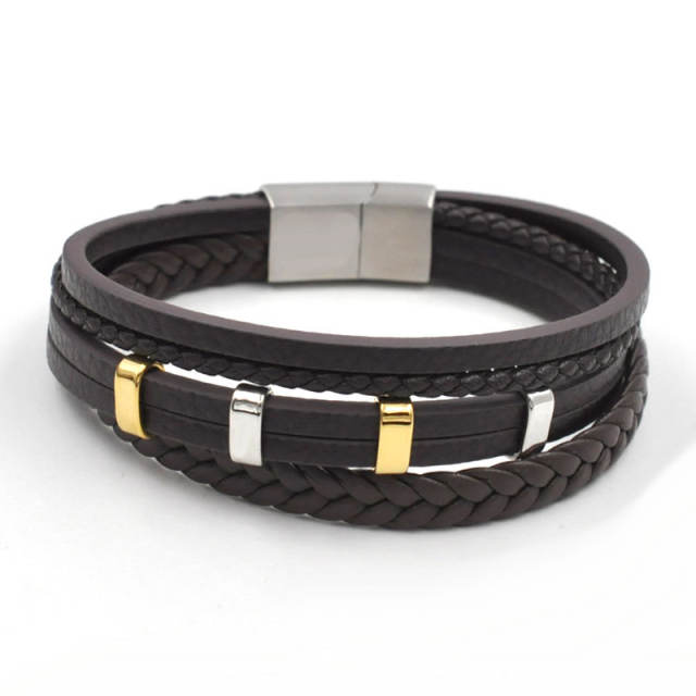 Stainless steel bead pu leather bracelet for men