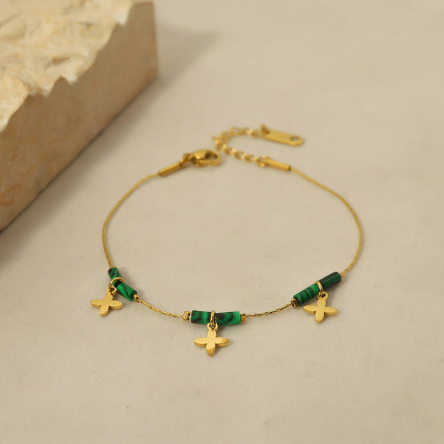 14K real gold plated clover charm malachite stainless steel bracelet