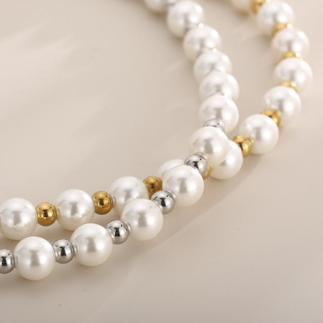 Chunky stainless steel ball pearl bead elastic necklace