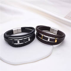 Stainless steel bead pu leather bracelet for men