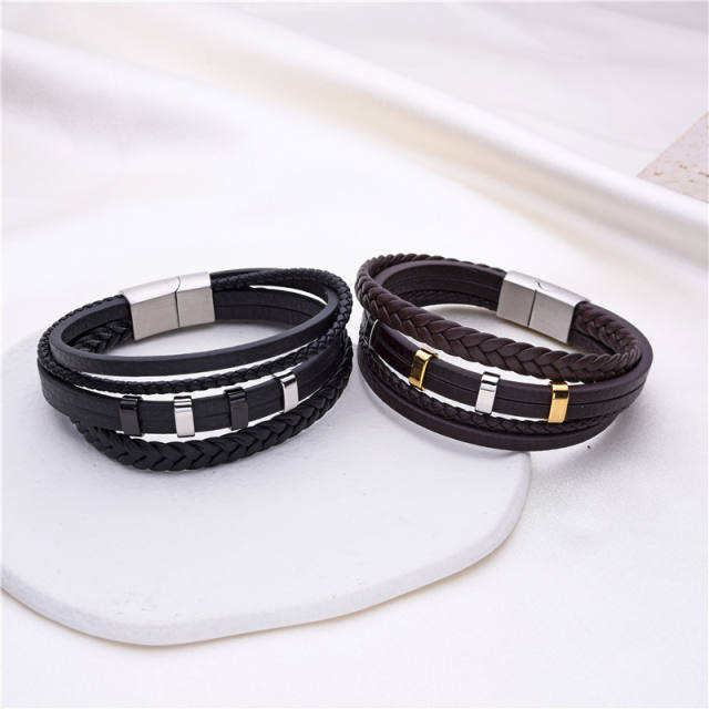 Stainless steel bead pu leather bracelet for men