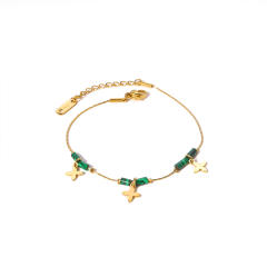 14K real gold plated clover charm malachite stainless steel bracelet