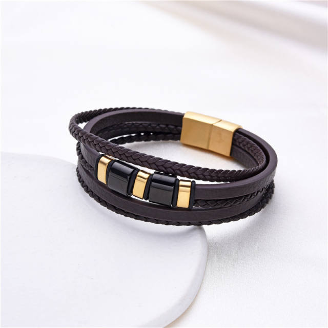 Hot sale stainless steel bead leather bracelet for men