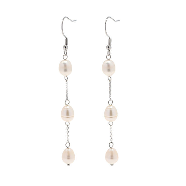 Water pearl stainless steel long earrings