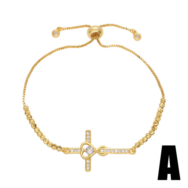 Hot sale cubic zircon setting heart cross copper bracelet