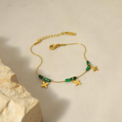 14K real gold plated clover charm malachite stainless steel bracelet