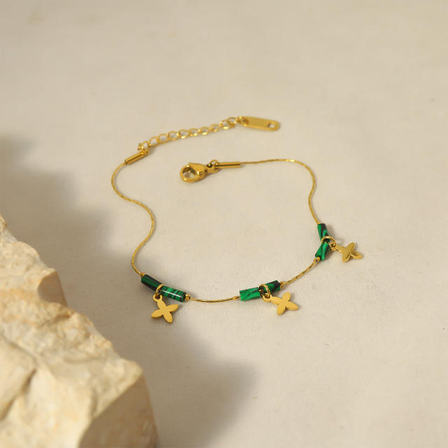 14K real gold plated clover charm malachite stainless steel bracelet