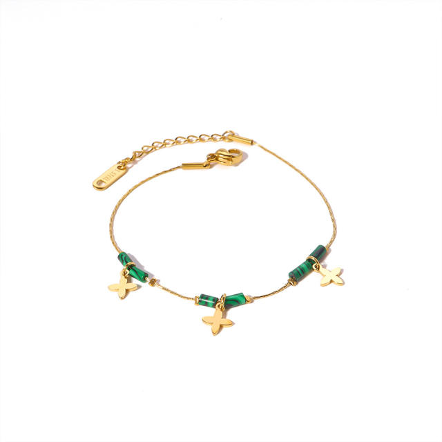 14K real gold plated clover charm malachite stainless steel bracelet
