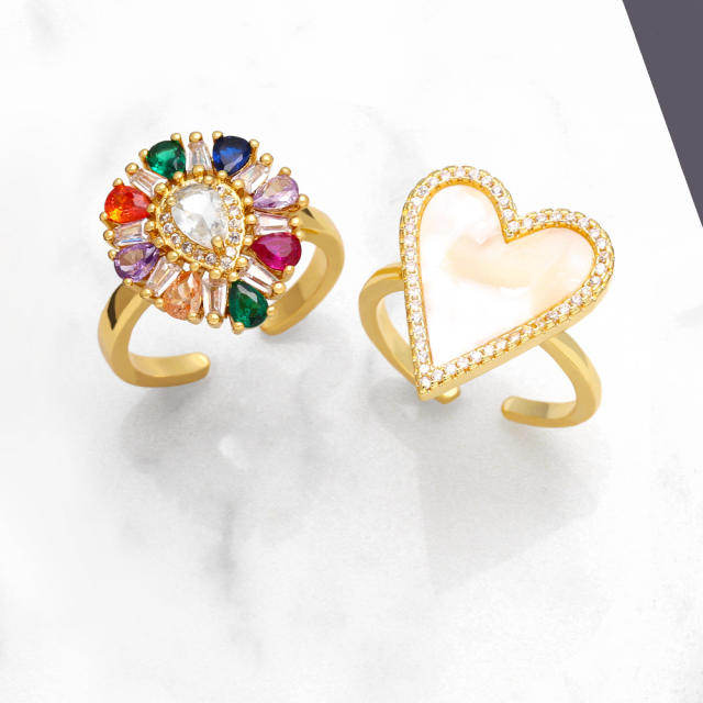 Popular color cubic zircon heart gold plated copper rings