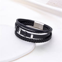 Stainless steel bead pu leather bracelet for men