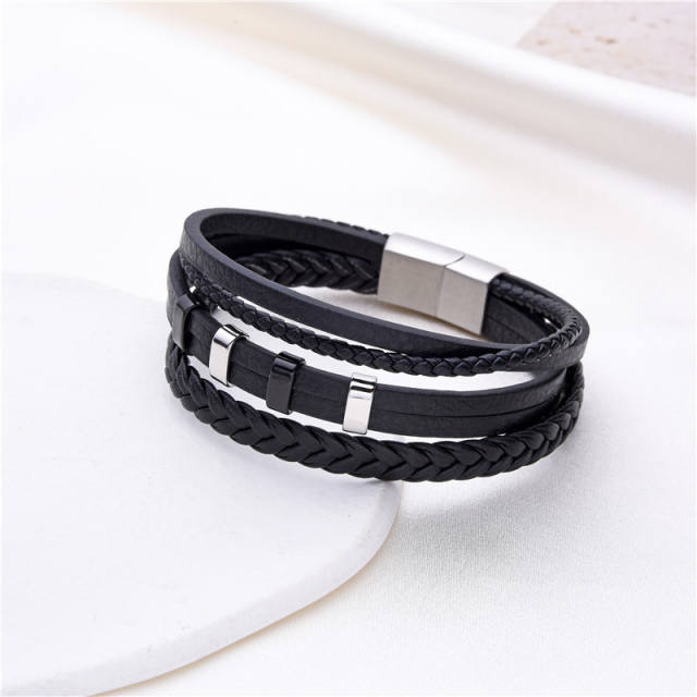 Stainless steel bead pu leather bracelet for men